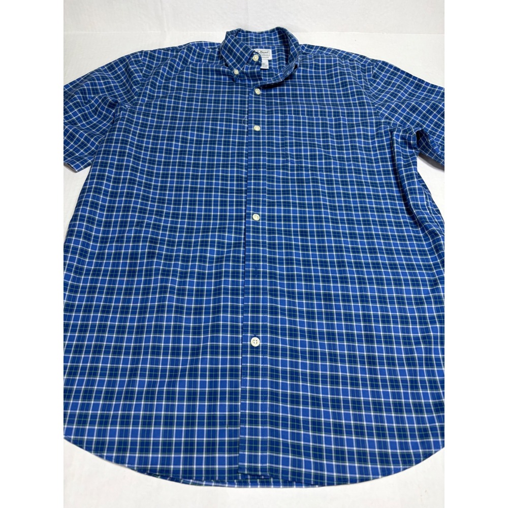 LL Bean Mens Blue Green Plaid Short Sleeve Button Down Shirt Traditional Fit M